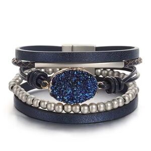 NWT Blue Druzy & Leather Bracelet with Bead Accents